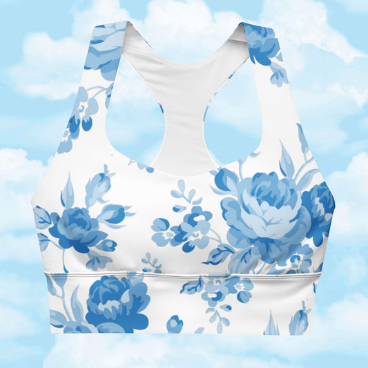 Blue Rose White Longline Sports Bra