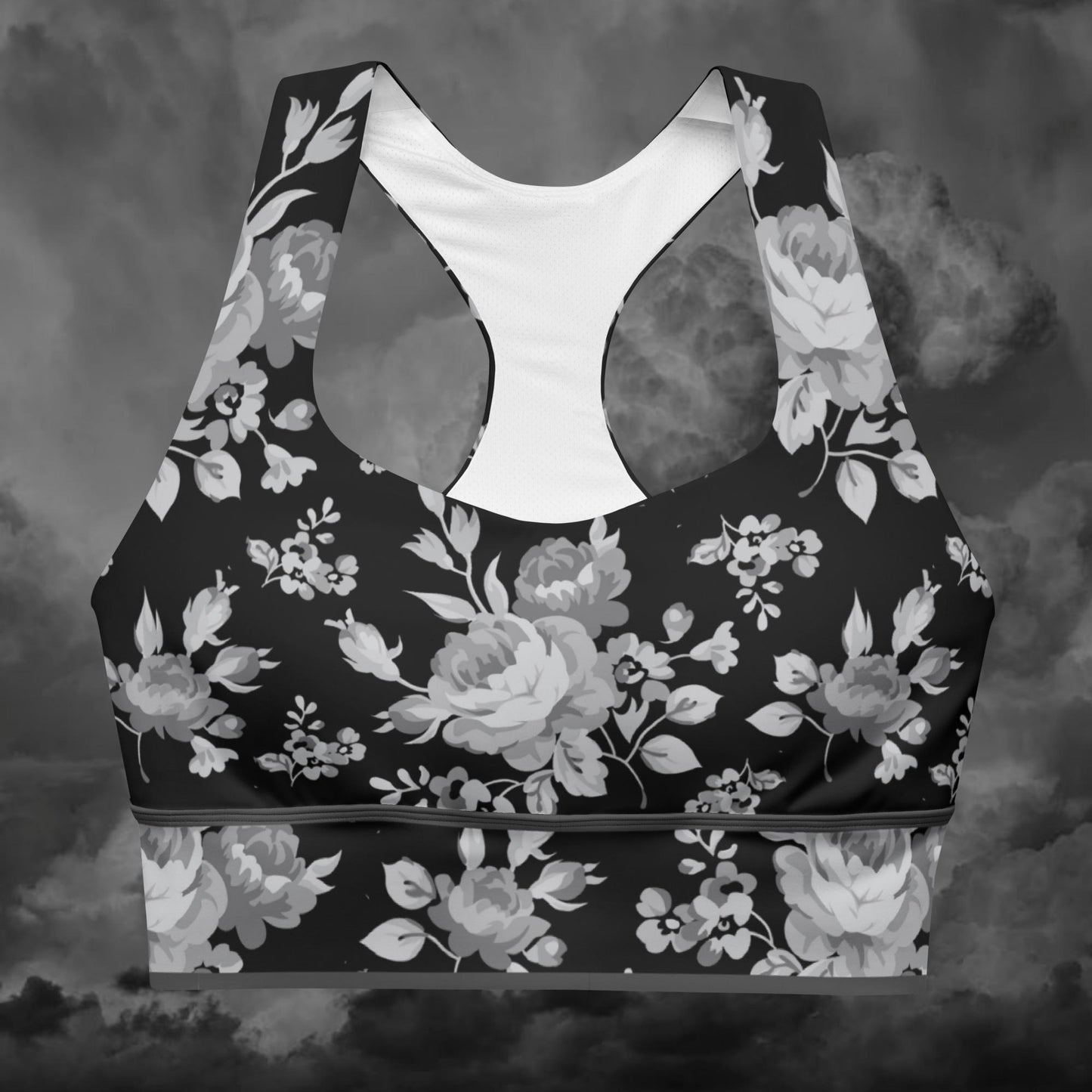 Grey Rose Stripe Black Longline Sports Bra