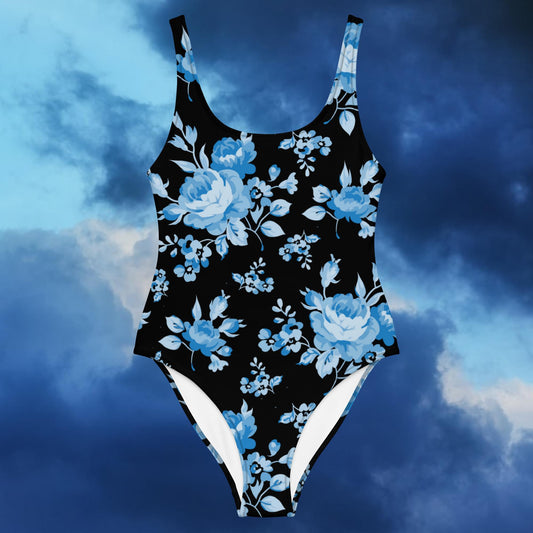 Blue Rose Black One-Piece Swimsuit