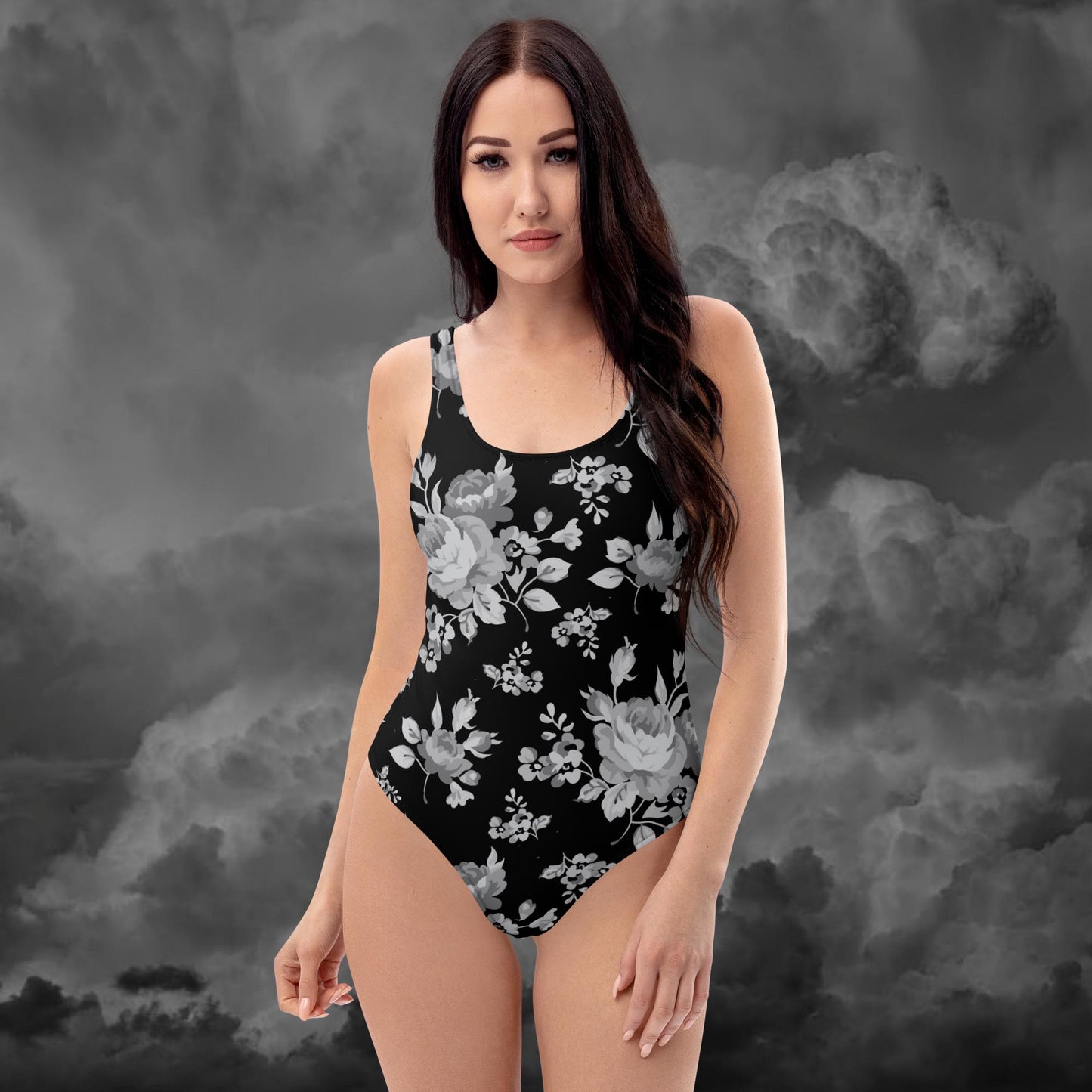 Grey Rose Black One-Piece Swimsuit