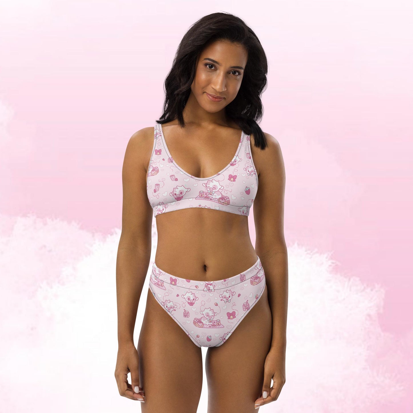 Strawberry Cow Pattern Recycled High-Waisted Bikini