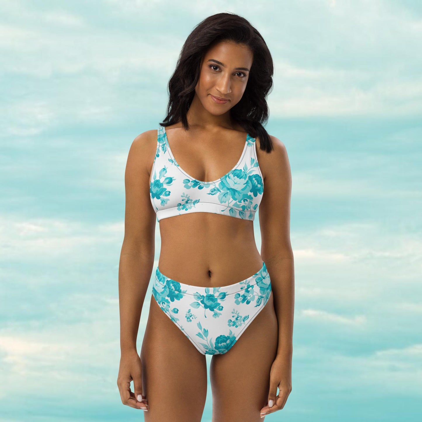 Cyan Rose White Recycled High-Waisted Bikini