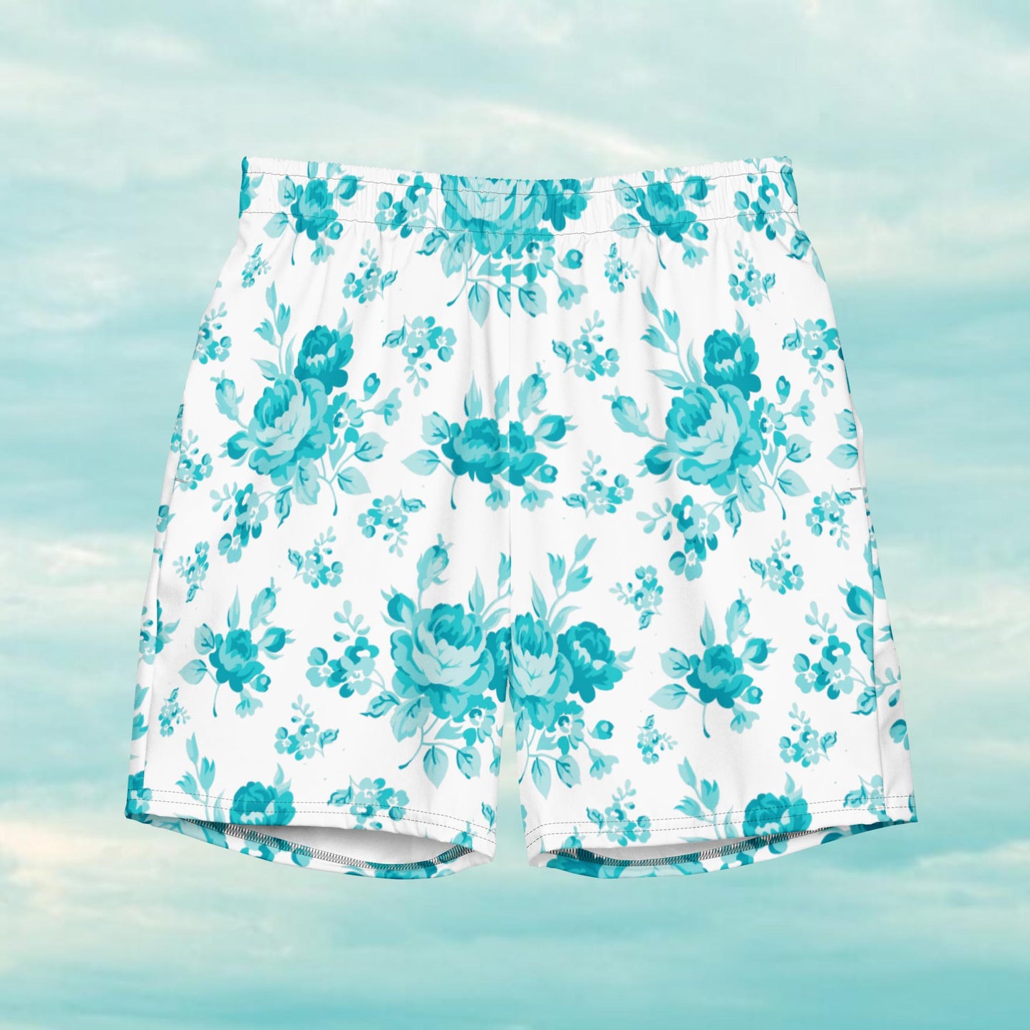 Cyan Rose White Men's Swim Trunks