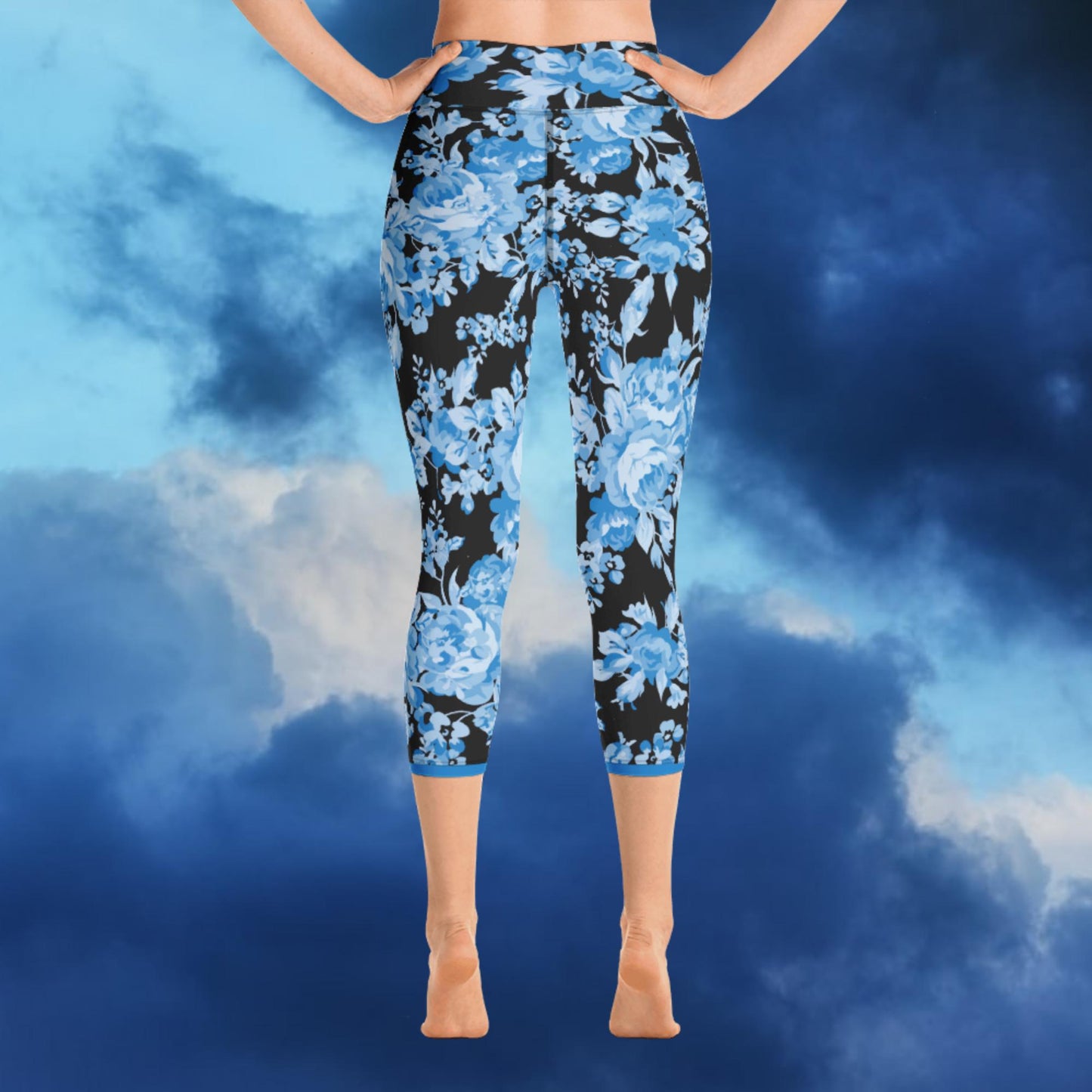 Blue Rose Double Black Yoga Capri Leggings