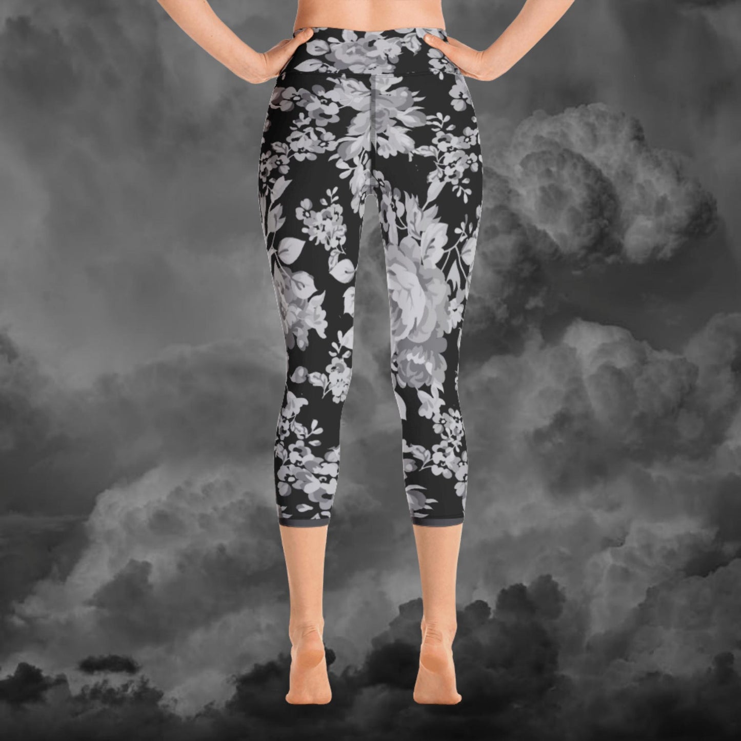 Grey Rose Black Yoga Capri Leggings