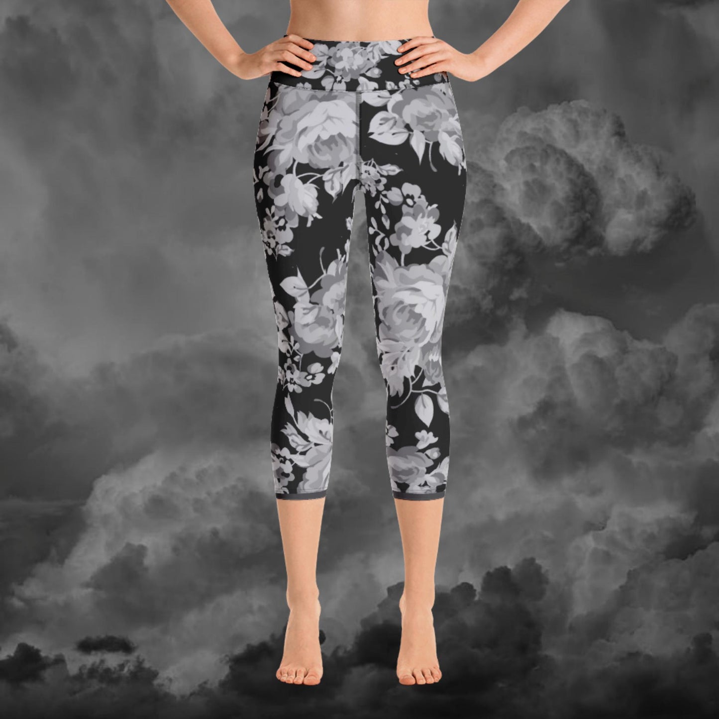 Grey Rose Black Yoga Capri Leggings