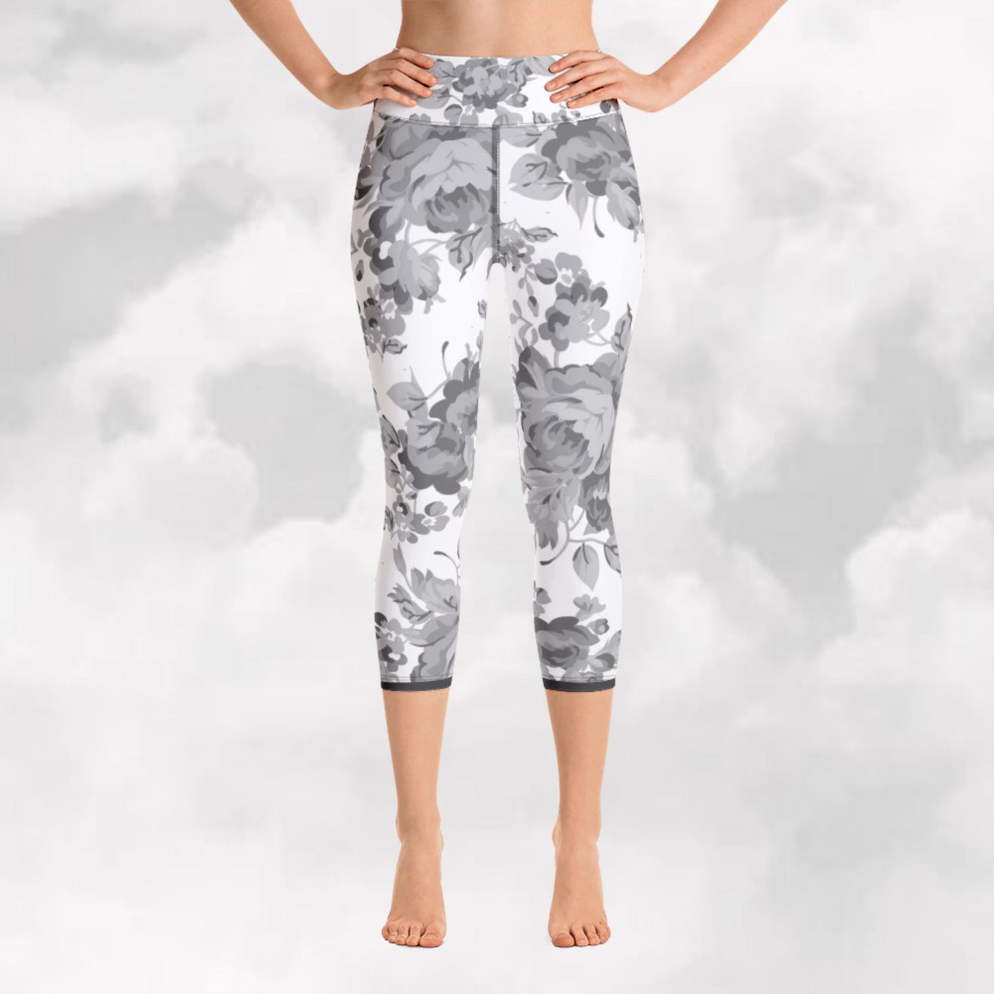 Grey Rose White Yoga Capri Leggings