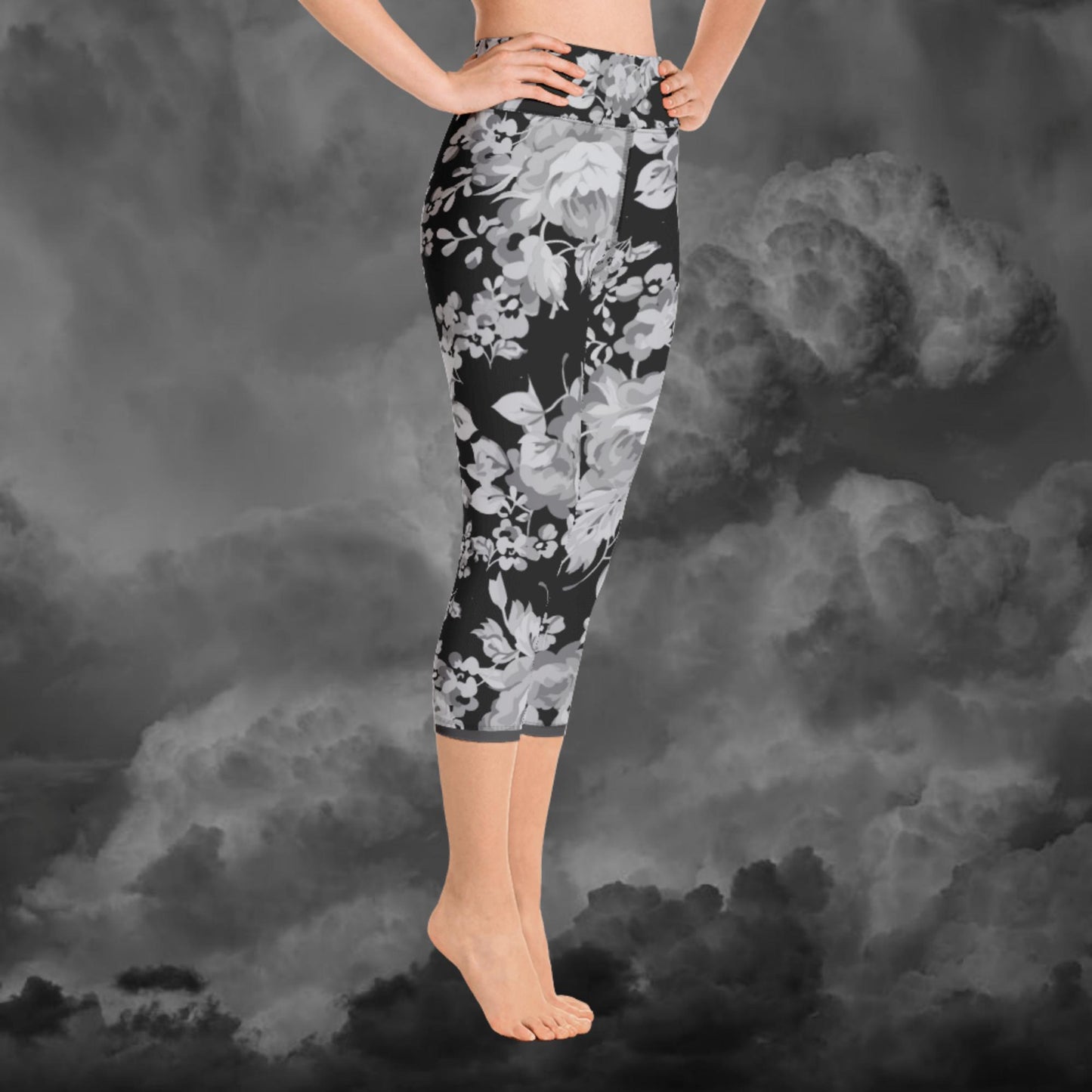 Grey Rose Black Yoga Capri Leggings