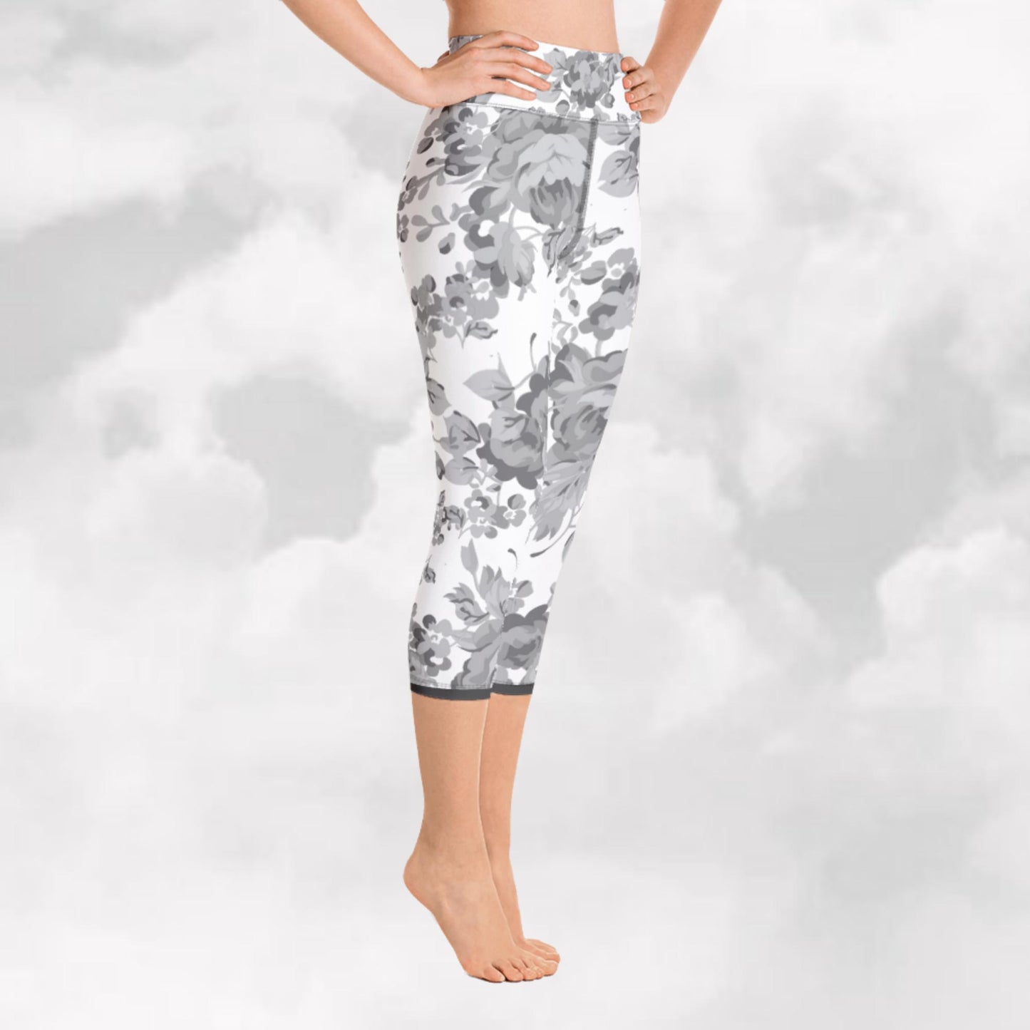 Grey Rose White Yoga Capri Leggings