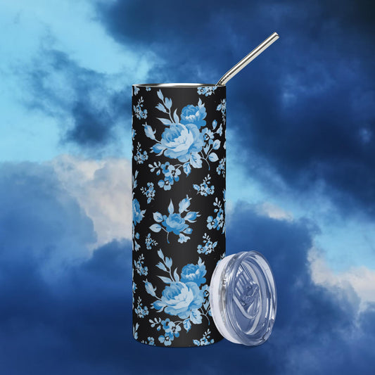 Blue Rose Black Stainless Steel Tumbler