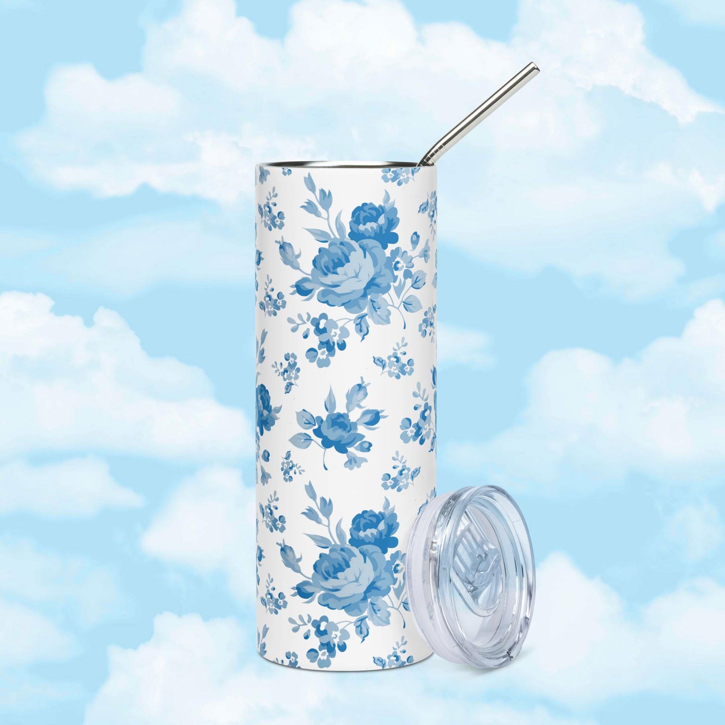 Blue Rose White Stainless Steel Tumbler