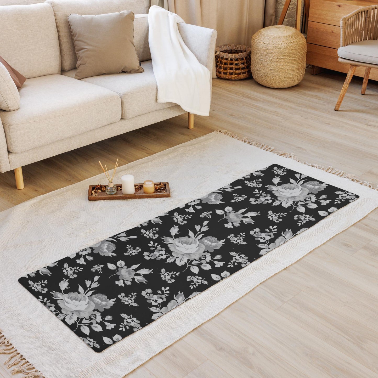 Grey Rose Black Yoga Mat