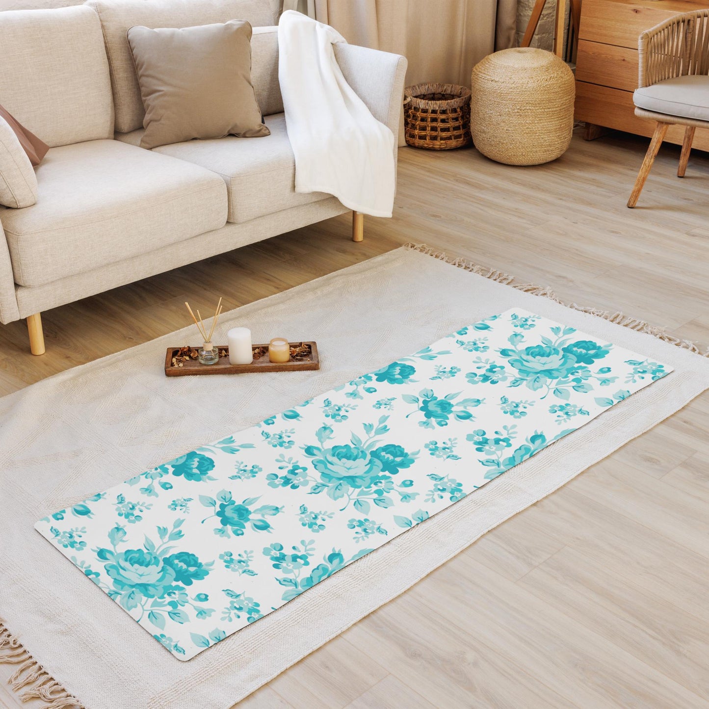 Cyan Rose White Yoga Mat